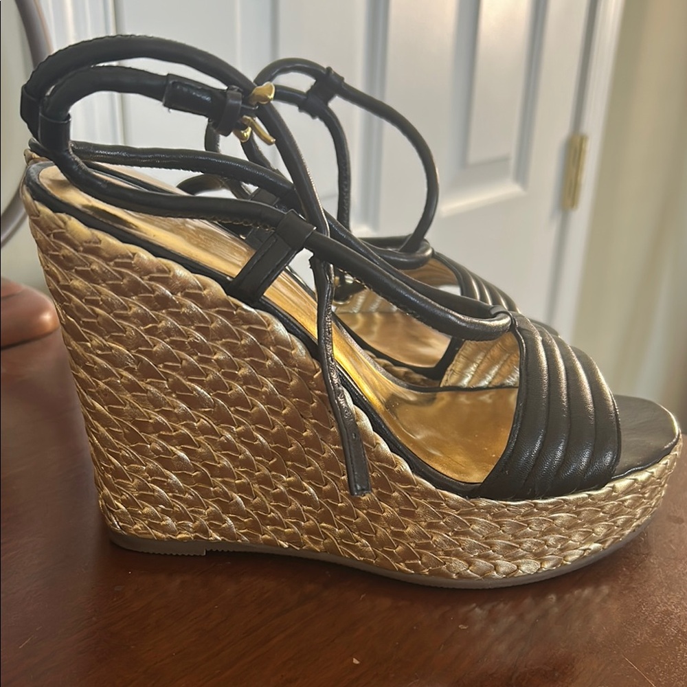 Coach Black and Gold Wedge Sandals with Ankle Strap